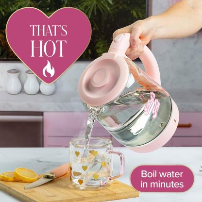 Paris Hilton Electric Kettle, Fast Boil with Auto Shut-Off, LED Indicator, 360° Base, Cord Storage, 1.8-Liter, Glass, Pink