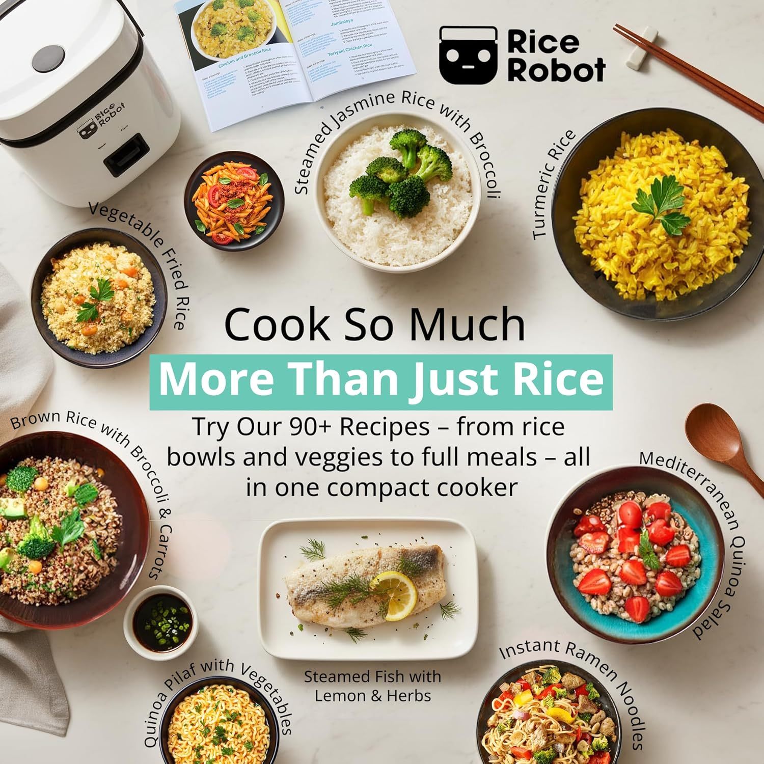 Rice Robot Personal Rice Cooker, PFAS-free, Nonstick.1 Quart Capacity, with Stainless Steel Steamer Tray, Measuring Cups, Recipe Book with 60 Recipes, and Serving Spoon, As Seen On TV-Honghao Appliances
