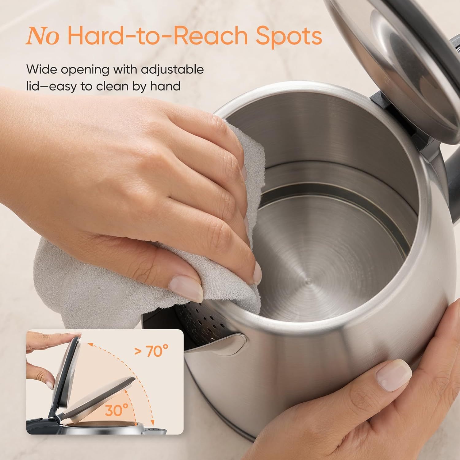 COSORI Electric Kettle, Plastic-Free Interior, 2 Lid Opening Angles, Easy to Clean, Automatic Shut Off & Boil-Dry Protection, Stainless Steel Tea Kettle, Hot Water Boiler & Heater, 1.7L, 1500W