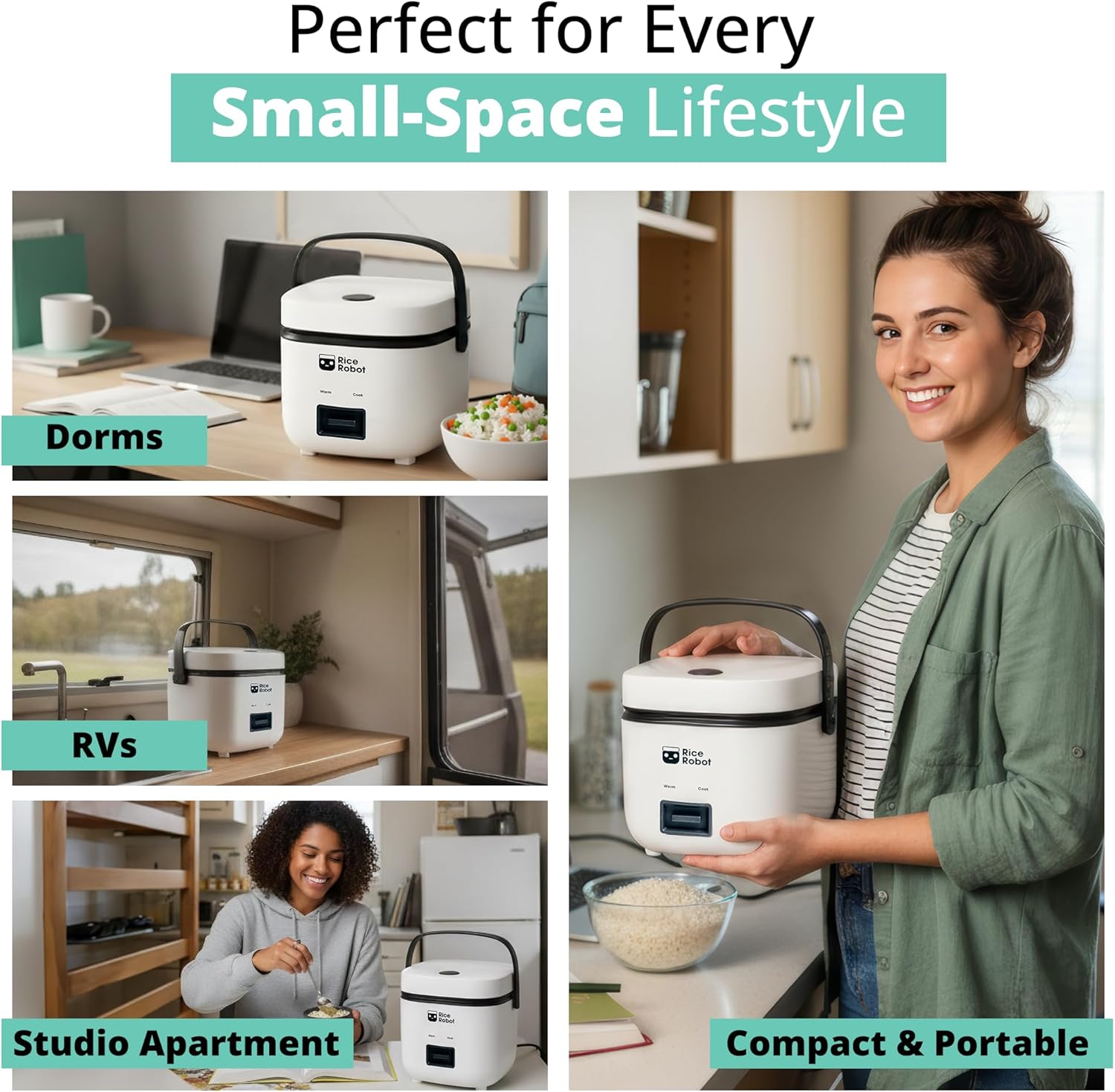 Rice Robot Personal Rice Cooker, PFAS-free, Nonstick.1 Quart Capacity, with Stainless Steel Steamer Tray, Measuring Cups, Recipe Book with 60 Recipes, and Serving Spoon, As Seen On TV-Honghao Appliances