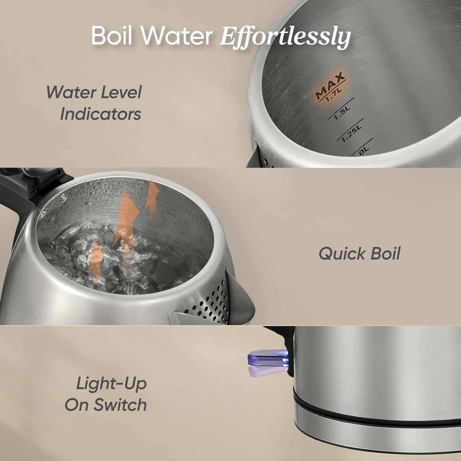 COSORI Electric Kettle, Plastic-Free Interior, 2 Lid Opening Angles, Easy to Clean, Automatic Shut Off & Boil-Dry Protection, Stainless Steel Tea Kettle, Hot Water Boiler & Heater, 1.7L, 1500W