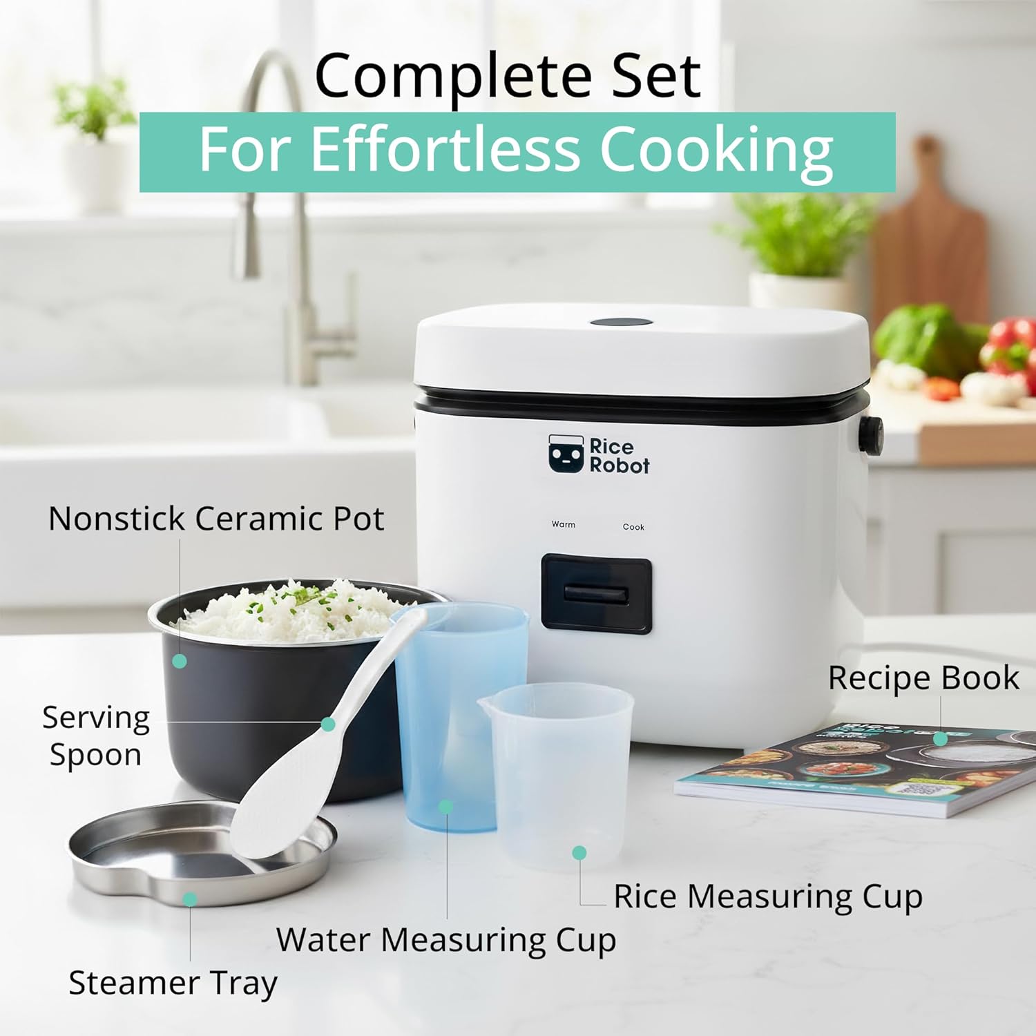 Rice Robot Personal Rice Cooker, PFAS-free, Nonstick.1 Quart Capacity, with Stainless Steel Steamer Tray, Measuring Cups, Recipe Book with 60 Recipes, and Serving Spoon, As Seen On TV-Honghao Appliances