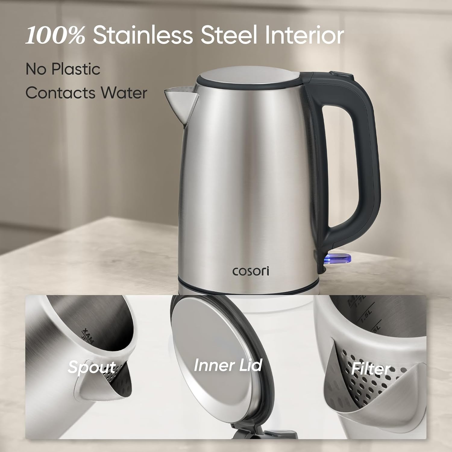 COSORI Electric Kettle, Plastic-Free Interior, 2 Lid Opening Angles, Easy to Clean, Automatic Shut Off & Boil-Dry Protection, Stainless Steel Tea Kettle, Hot Water Boiler & Heater, 1.7L, 1500W