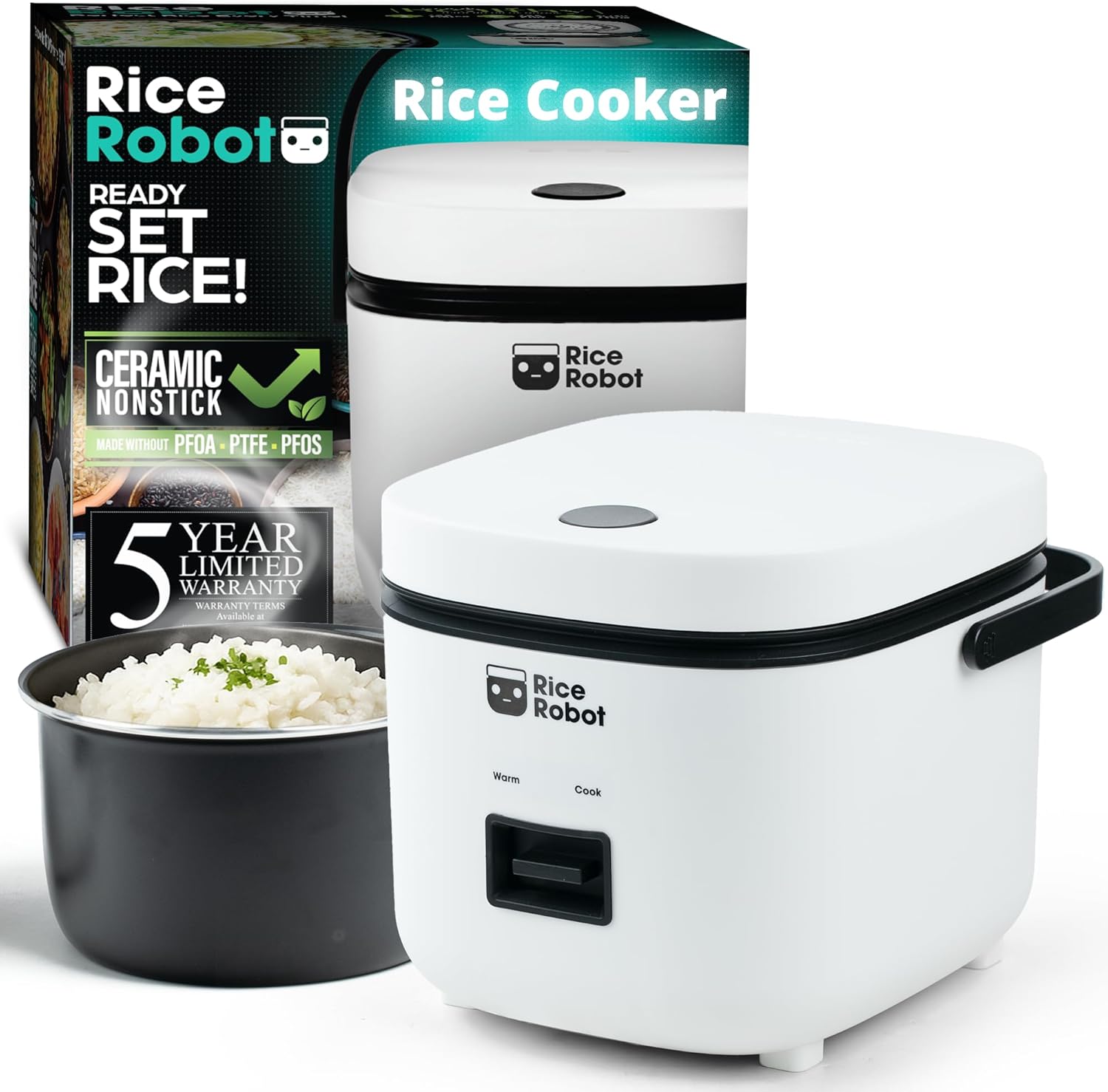 Rice Robot Personal Rice Cooker, PFAS-free, Nonstick.1 Quart Capacity, with Stainless Steel Steamer Tray, Measuring Cups, Recipe Book with 60 Recipes, and Serving Spoon, As Seen On TV-Honghao Appliances