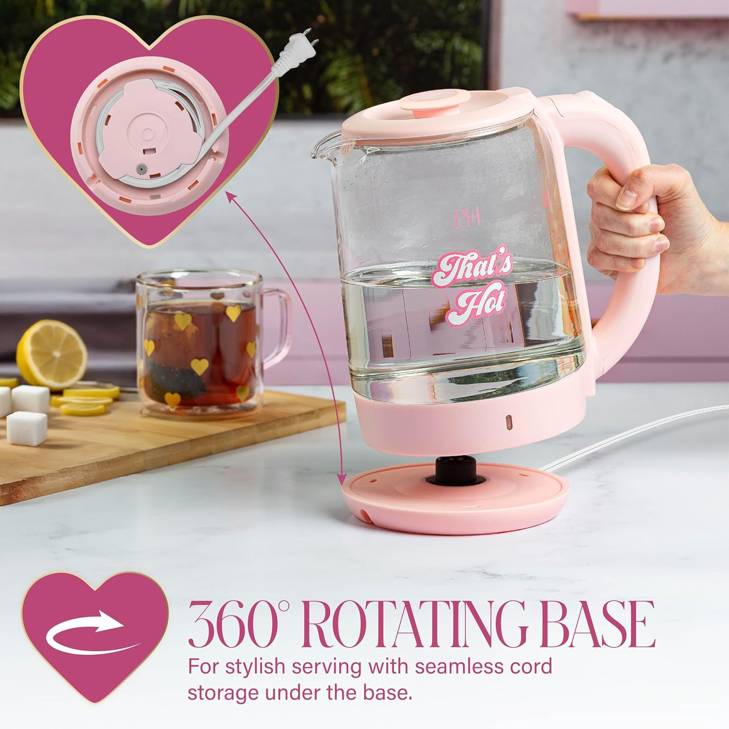Paris Hilton Electric Kettle, Fast Boil with Auto Shut-Off, LED Indicator, 360° Base, Cord Storage, 1.8-Liter, Glass, Pink