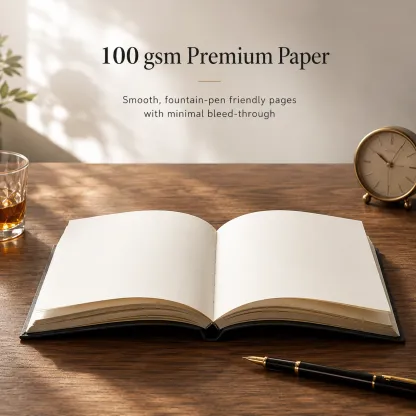 A5 softcover vegan leather notebooks styled on a wooden desk