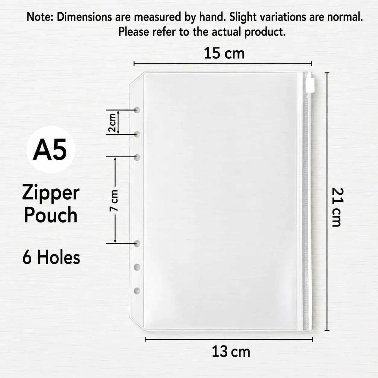 A5 six-hole zipper pouch size chart for budget binder and savings planner