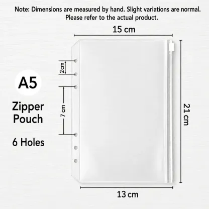 A5 six-hole zipper pouch size chart for budget binder and savings planner