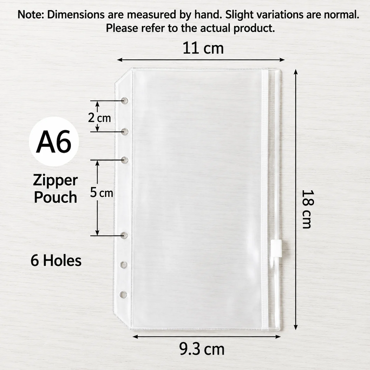A6 six-hole zipper pouch size chart for budget binder and savings planner