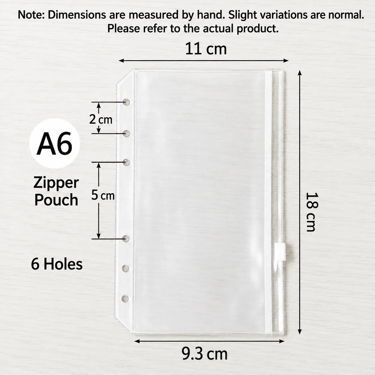 A6 six-hole zipper pouch size chart for budget binder and savings planner
