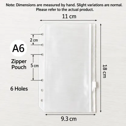 A6 six-hole zipper pouch size chart for budget binder and savings planner