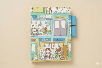 Flat lay of an A6 size planner cover compatible with Hobonichi Techo Original, featuring a detailed 'Cat Tram' illustration. Centered on a neutral beige background with light blue pen loops visible.