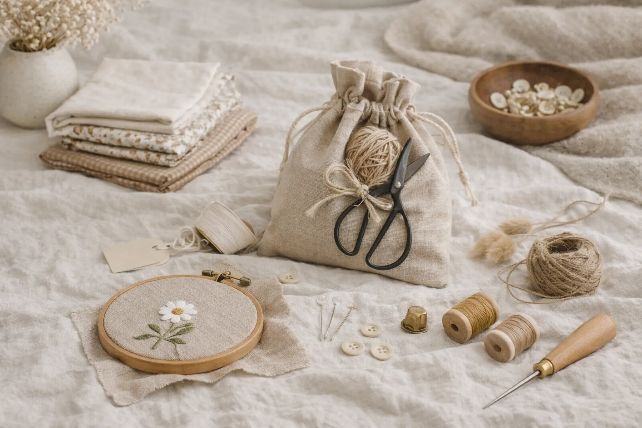 {"default":"Artisan sewing kit with a natural linen drawstring bag, hand-embroidered daisy hoop, and vintage sewing tools on a wrinkled linen background."}
