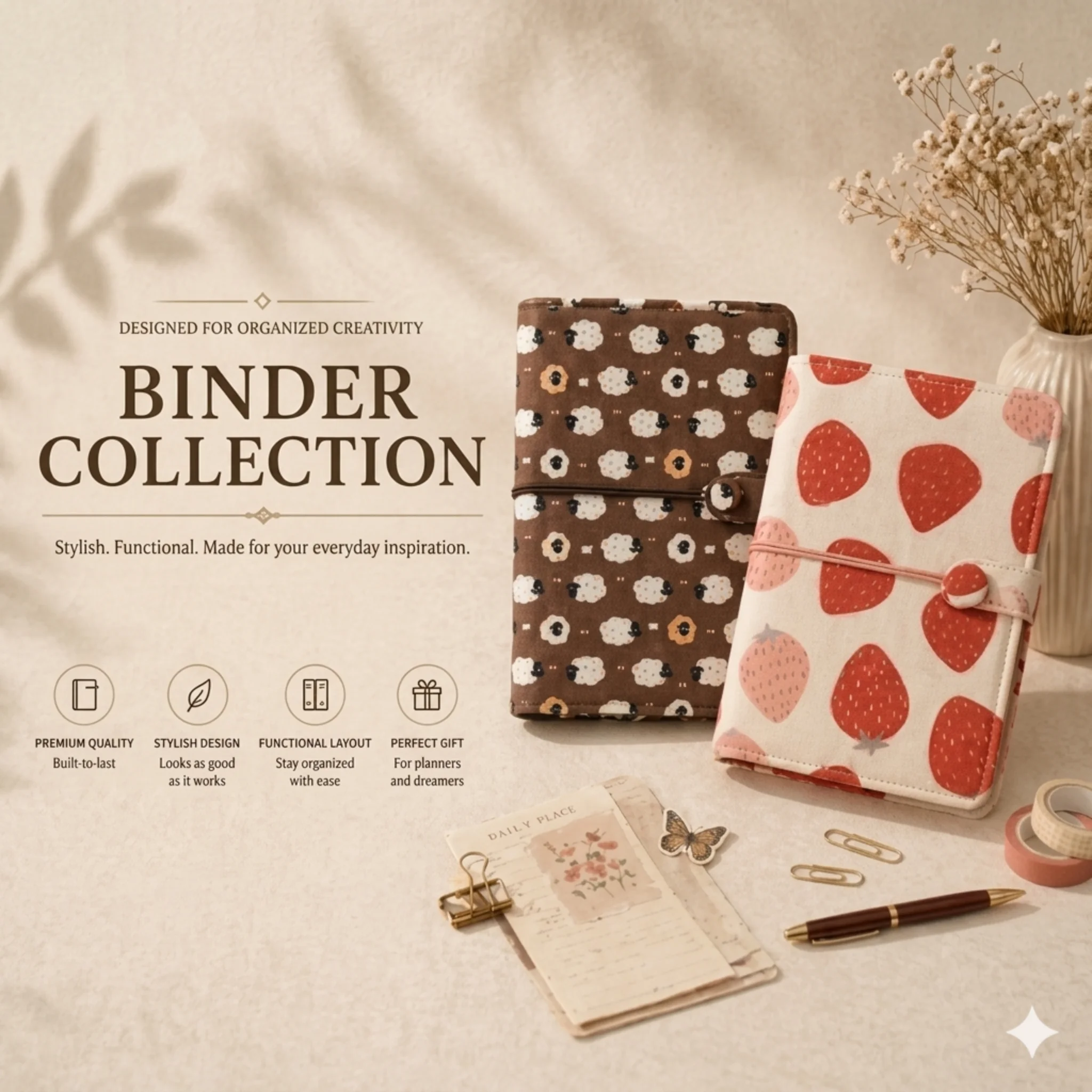 ABIGALECrafts A5 and A6 fabric binder collection featuring two handmade planners with cute sheep and strawberry patterns, styled with vintage ephemera and washi tape in a warm, aesthetic setting.