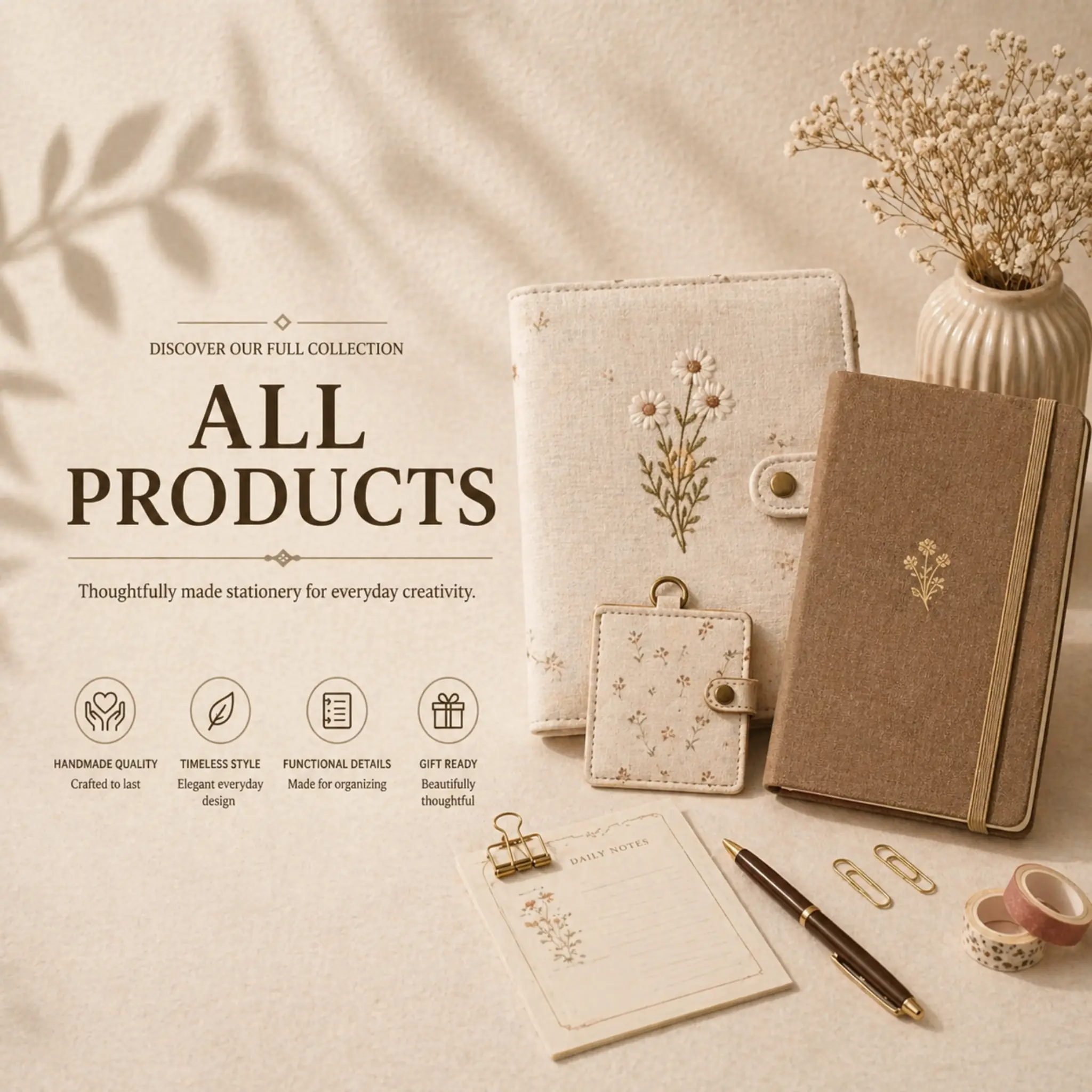 A curated collection of ABIGALECrafts handmade stationery, including a floral embroidery fabric journal cover, a brown minimalist notebook, and a small patterned binder, styled with a pen and washi tape on a neutral aesthetic background