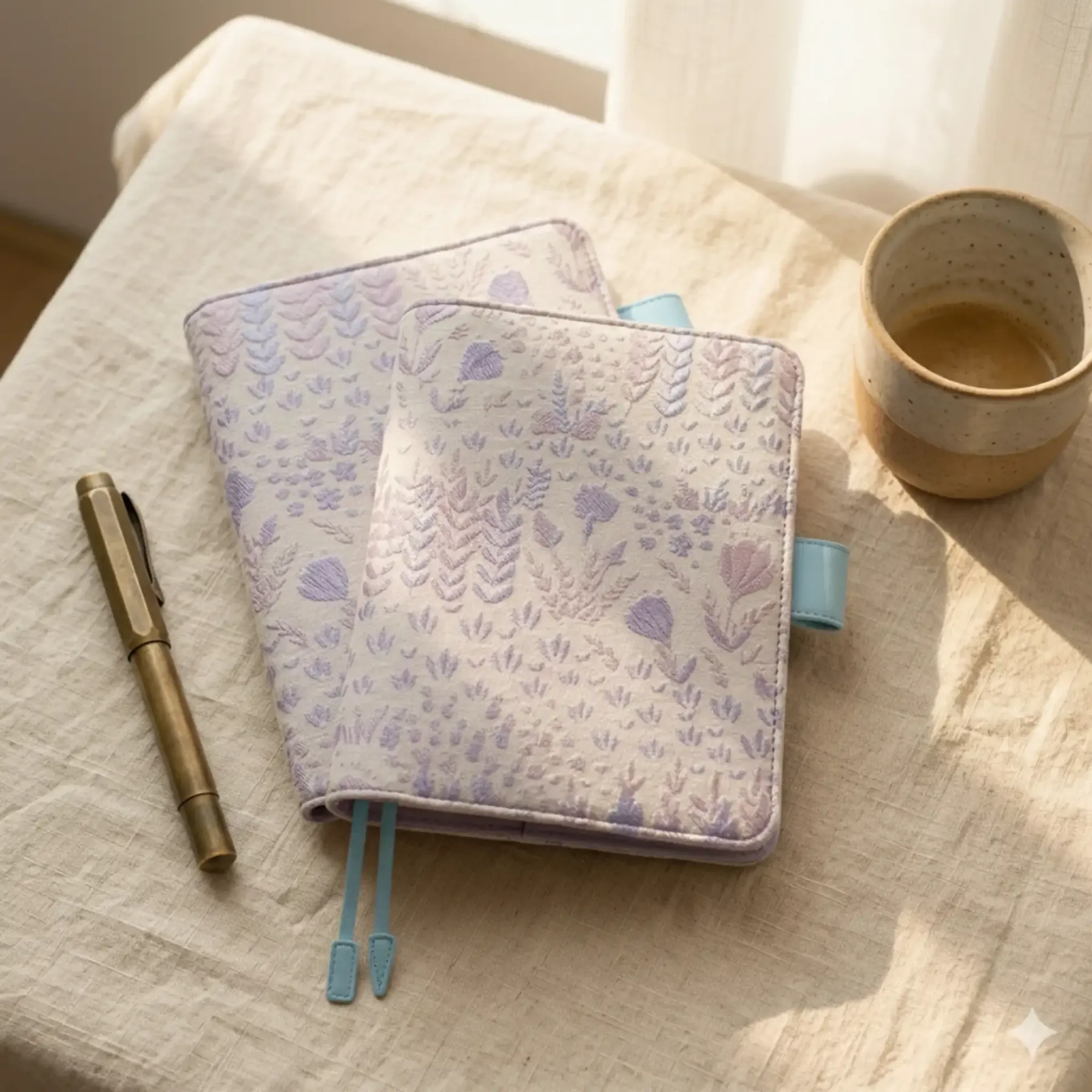 A stacked comparison set of two ABIGALECrafts floral embroidered covers, showing the A5 Cousin and A6 Techo sizes together in a stylish display.