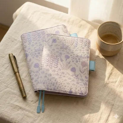A stacked comparison set of two ABIGALECrafts floral embroidered covers, showing the A5 Cousin and A6 Techo sizes together in a stylish display.