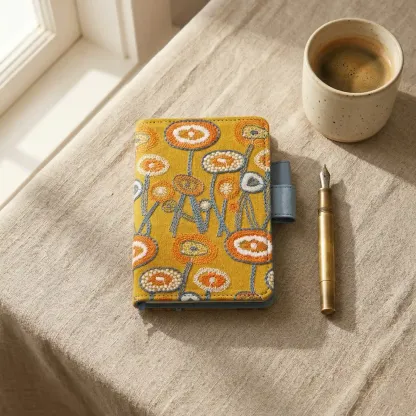 Yellow floral embroidered fabric cover for Hobonichi A5 Cousin and A6 Techo