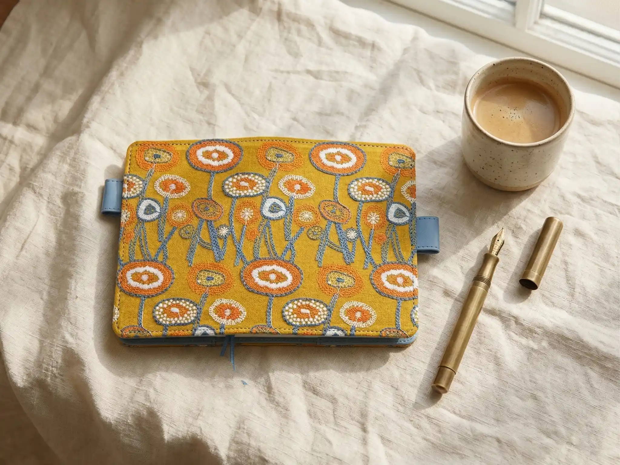 Cozy window-side desk setup with a yellow embroidered Hobonichi A6 planner, ceramic coffee mug, and vintage brass pen on cream linen.