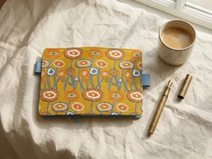 Cozy window-side desk setup with a yellow embroidered Hobonichi A6 planner, ceramic coffee mug, and vintage brass pen on cream linen.