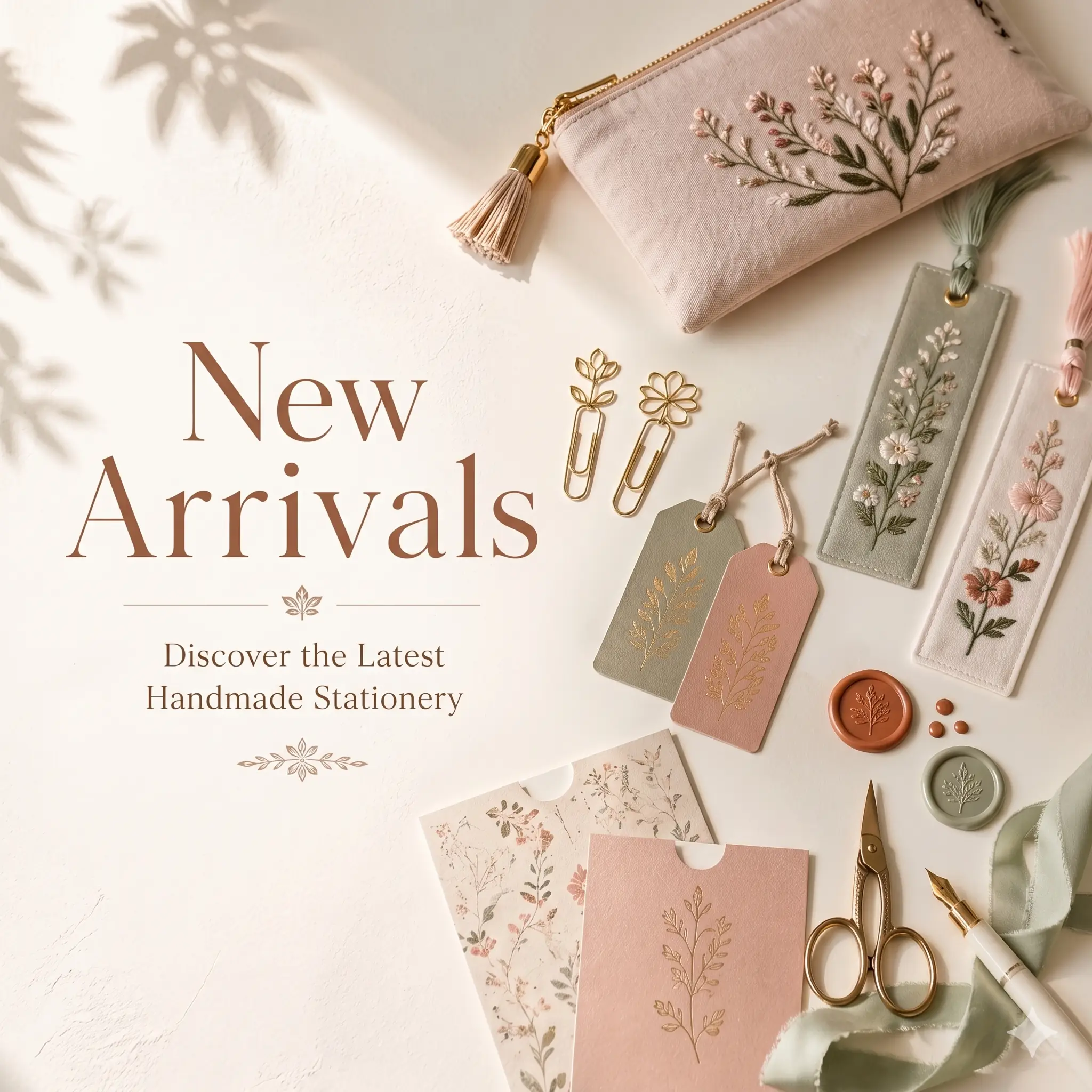 New arrivals from ABIGALECrafts featuring hand-embroidered floral pencil pouches, aesthetic fabric bookmarks, gold-tone paper clips, and botanical wax seals in soft dusty rose and sage green