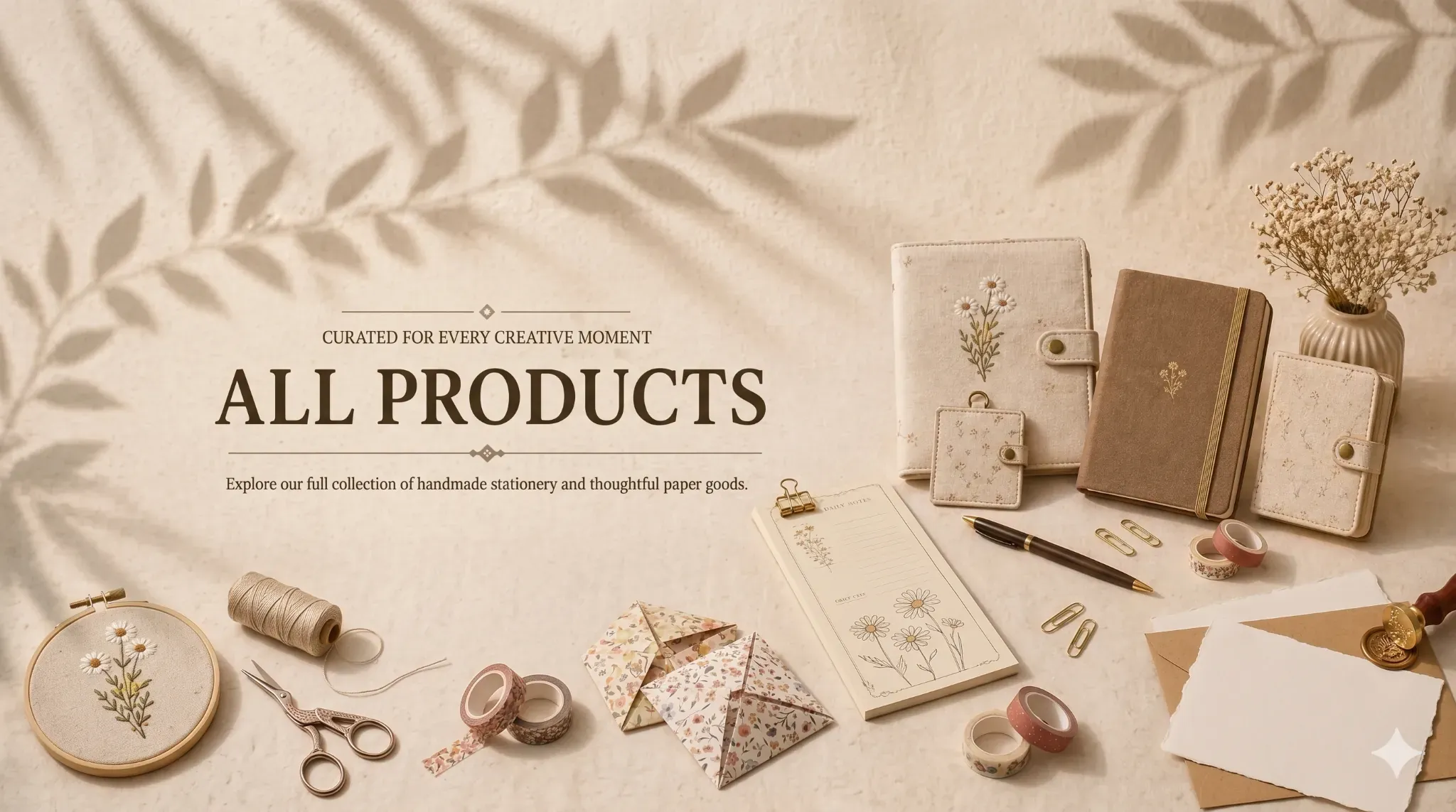 Handmade fabric-embroidered journal covers and aesthetic stationery collection including A5 and A6 planners, Wabi-sabi style office supplies, and washi tapes.