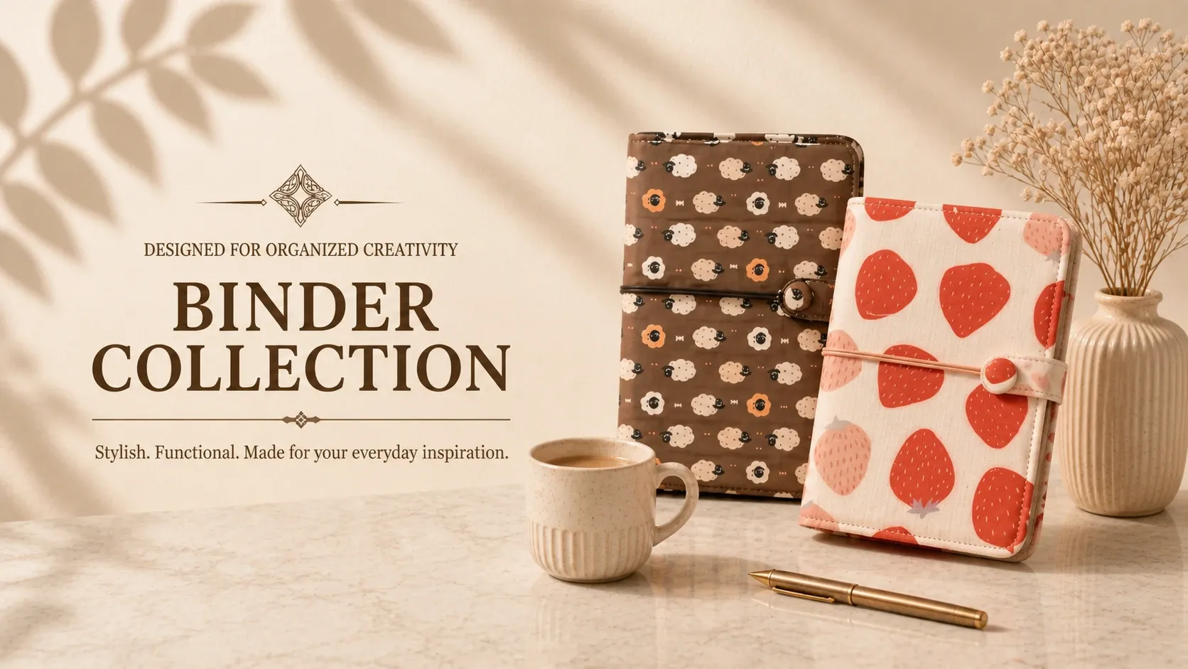 ABIGALECrafts Binder Collection, showcasing handmade fabric journal covers with icons for premium quality, stylish design, and functional layout. The slogan reads "DESIGNED FOR ORGANIZED CREATIVITY."