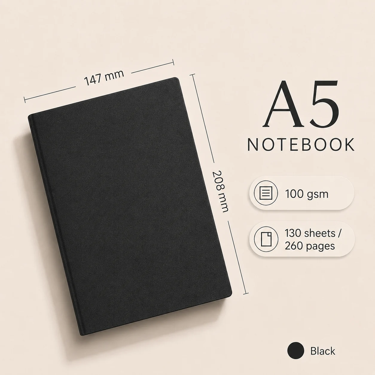 Black A5 vegan leather notebook with size dimensions