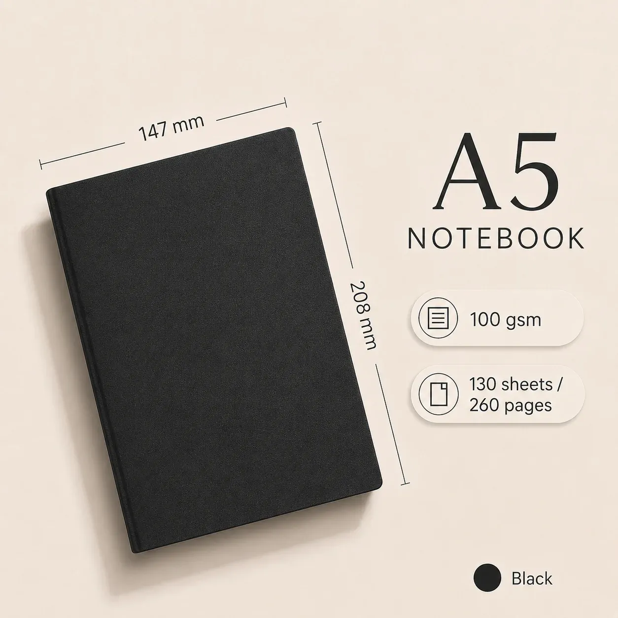 Black A5 vegan leather notebook with size dimensions