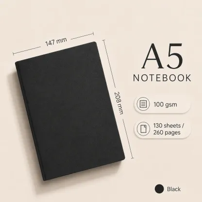Black A5 vegan leather notebook with size dimensions