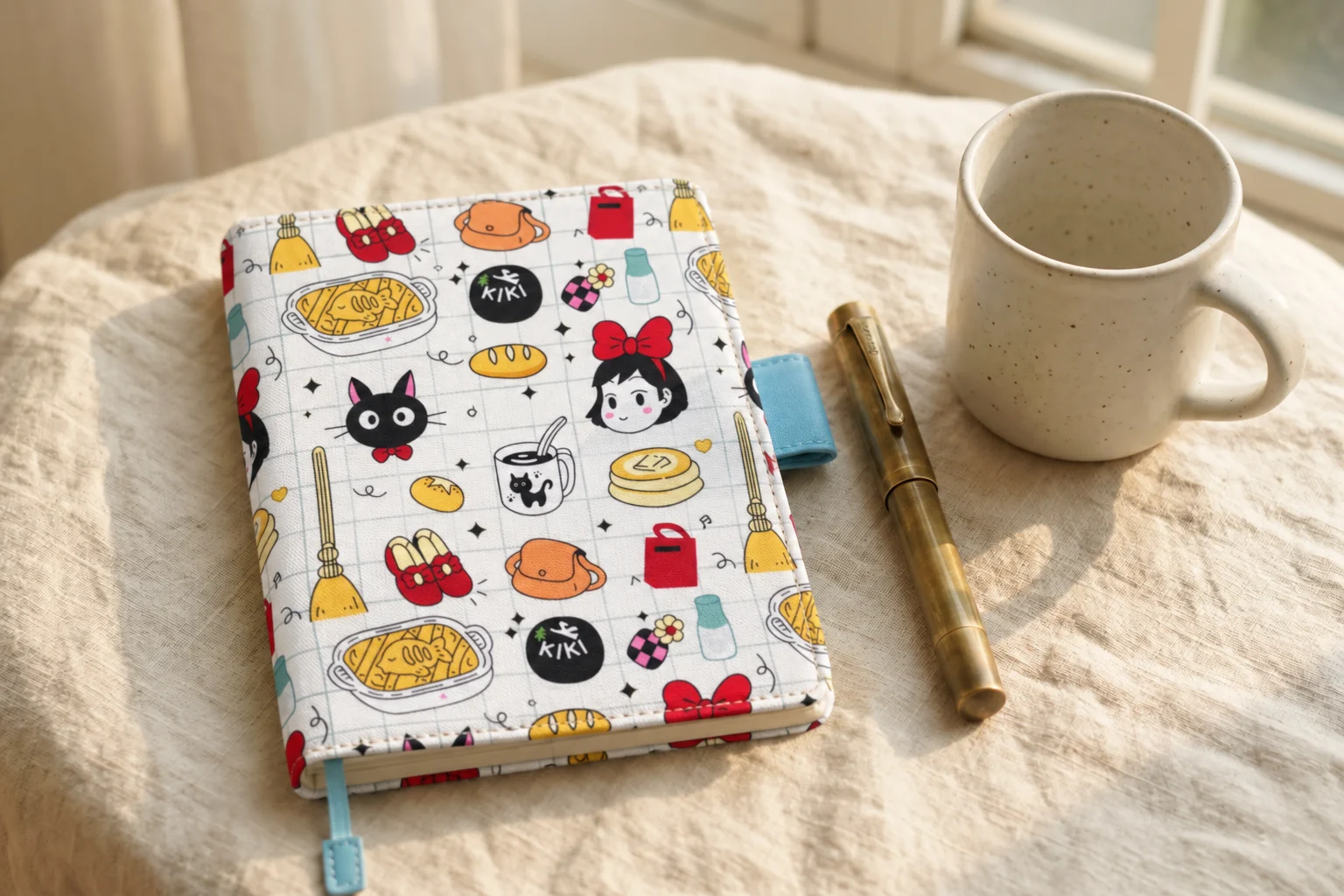 Black cat and broomstick print planner cover with blue pen loops and ribbon bookmarks on linen beside a mug and brass pen.