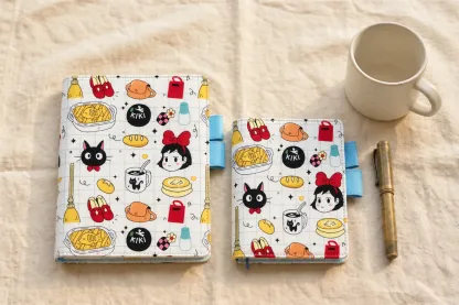 Two black cat and broomstick print planner covers with blue pen loops, arranged on linen beside a mug and brass pen.