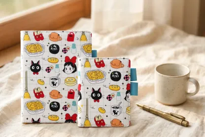 Two black cat and broomstick print planner covers standing upright on linen, showing the illustrated fronts and blue pen loops.