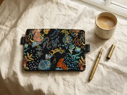 Black floral and rabbit embroidered planner cover shown flat with a fountain pen