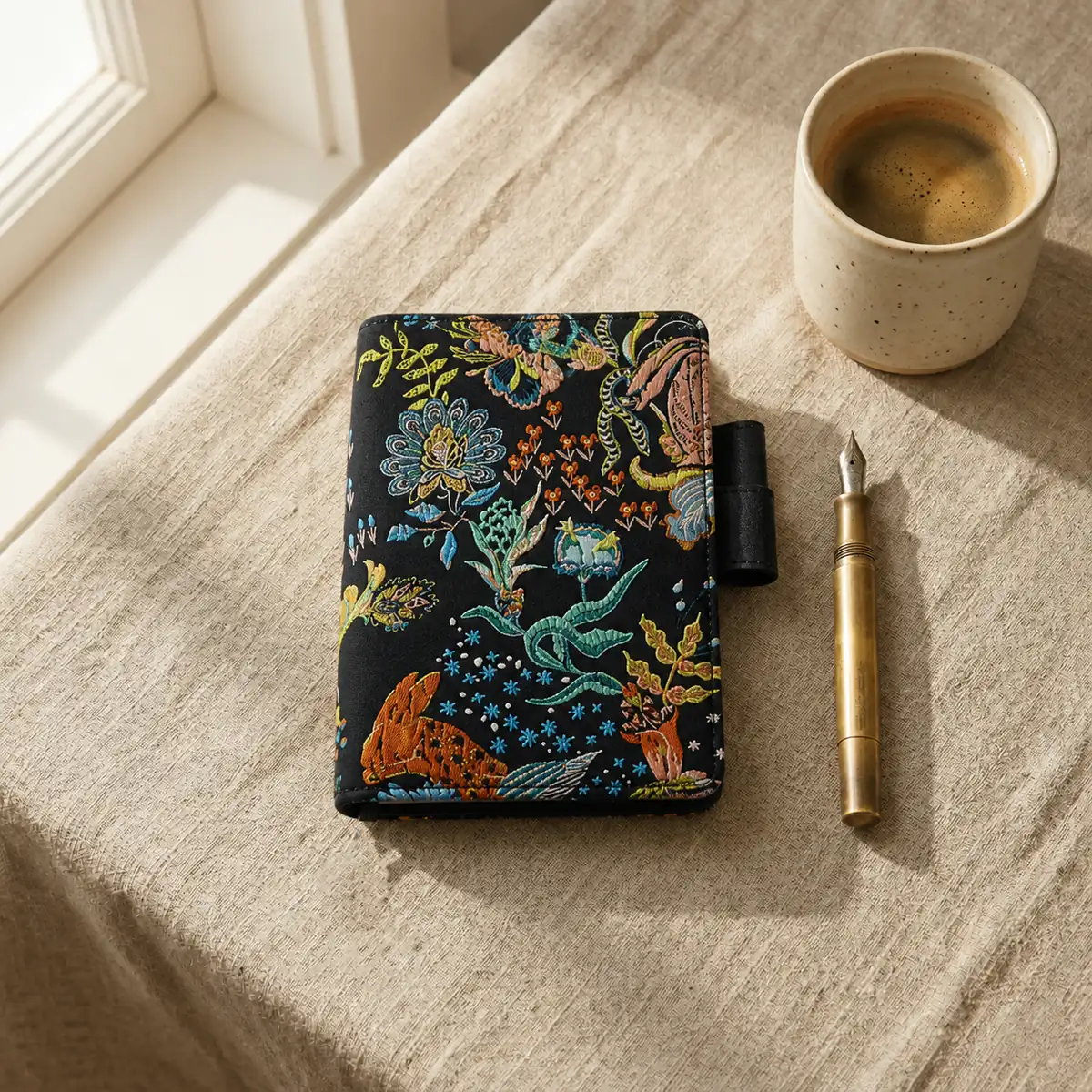 Front view of black floral and rabbit embroidered planner cover with pen loop