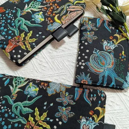Black embroidered floral and rabbit planner cover set with notebook inserts