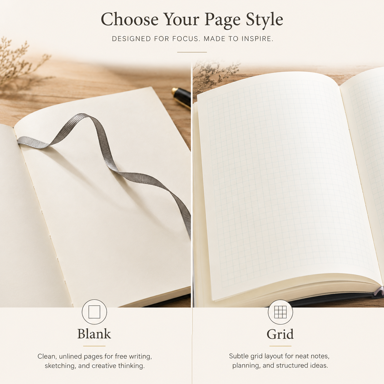 Blank and grid page options for an A5 vegan leather journal