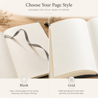 Blank and grid page options for an A5 vegan leather journal