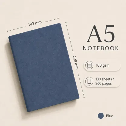 Blue A5 vegan leather notebook with size dimensions