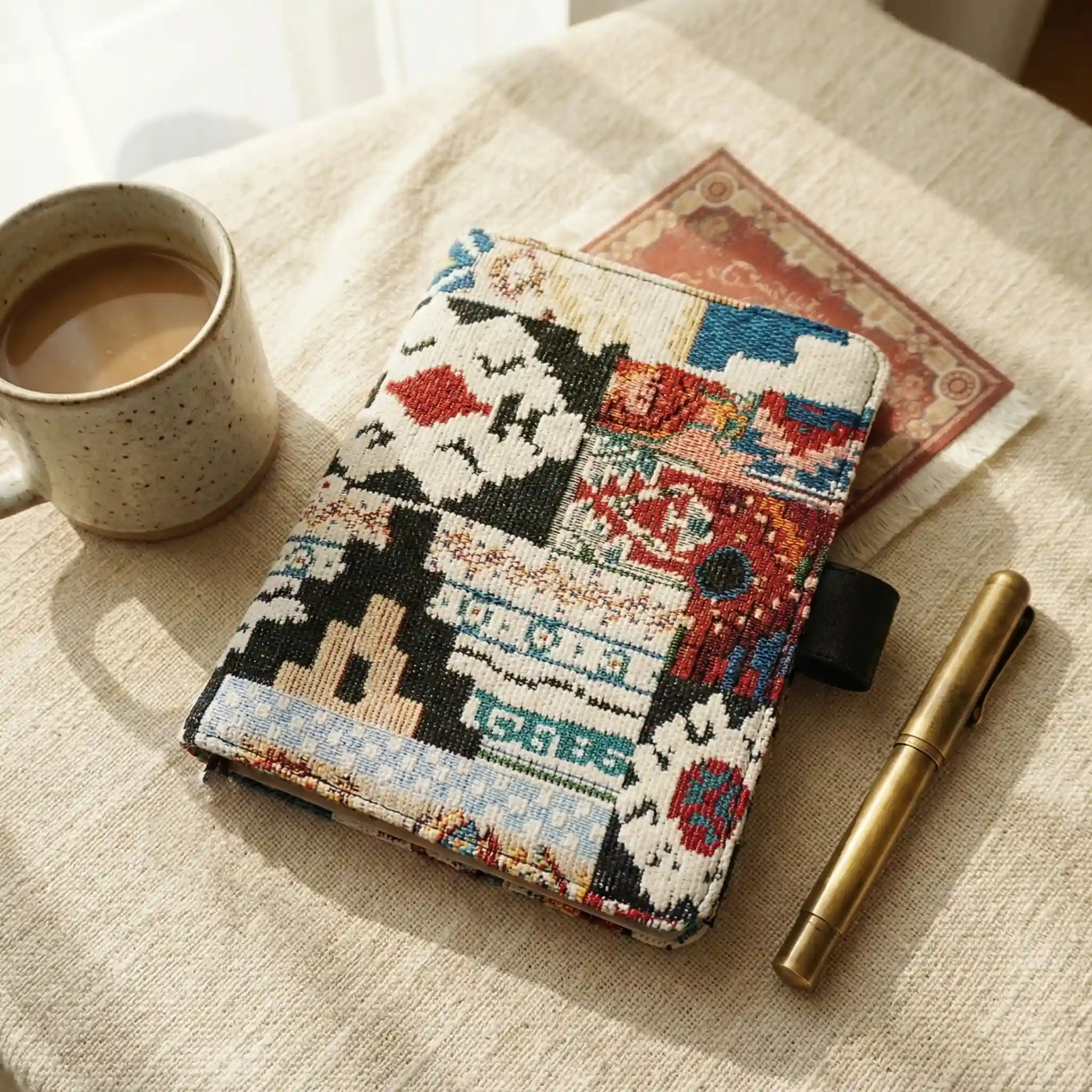 Bohemian tapestry cover for Hobonichi Original A6 under warm natural sunlight, featuring intricate geometric patterns.