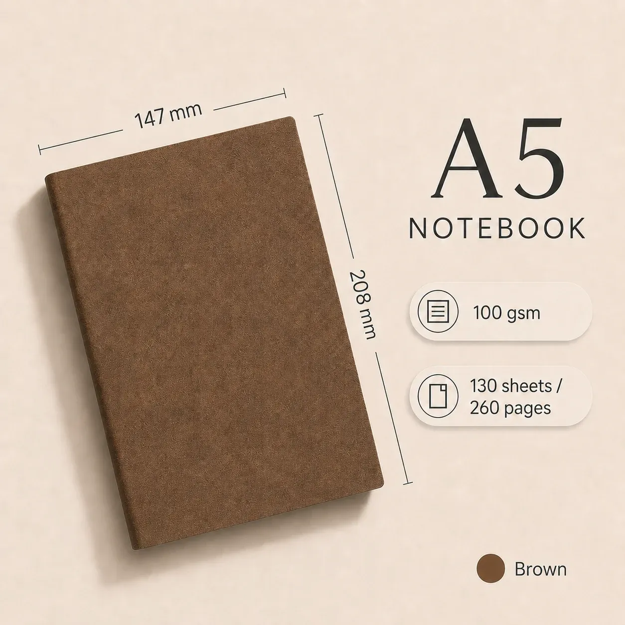Brown A5 vegan leather notebook with size dimensions