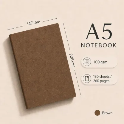 Brown A5 vegan leather notebook with size dimensions