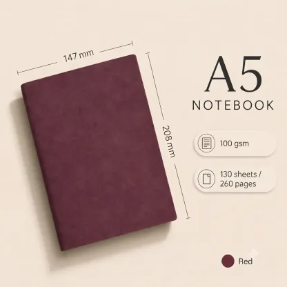 Burgundy A5 vegan leather notebook size guide with 100 gsm paper details