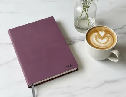 Burgundy personalized journal styled with coffee on a marble table