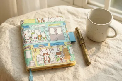 Whimsical cat tram print fabric cover for Hobonichi A5 Cousin and A6 Techo