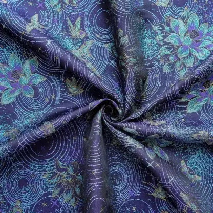 Blue and purple celestial orchid embroidered fabric with star and ripple pattern