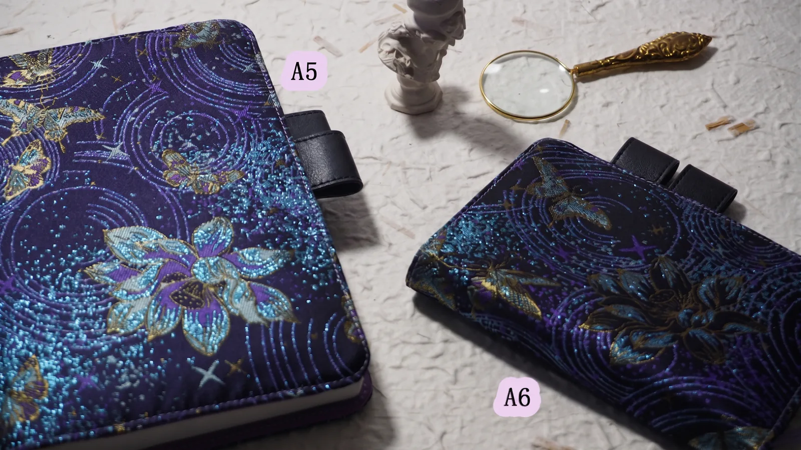 Celestial orchid embroidered planner covers shown in A5 and A6 sizes