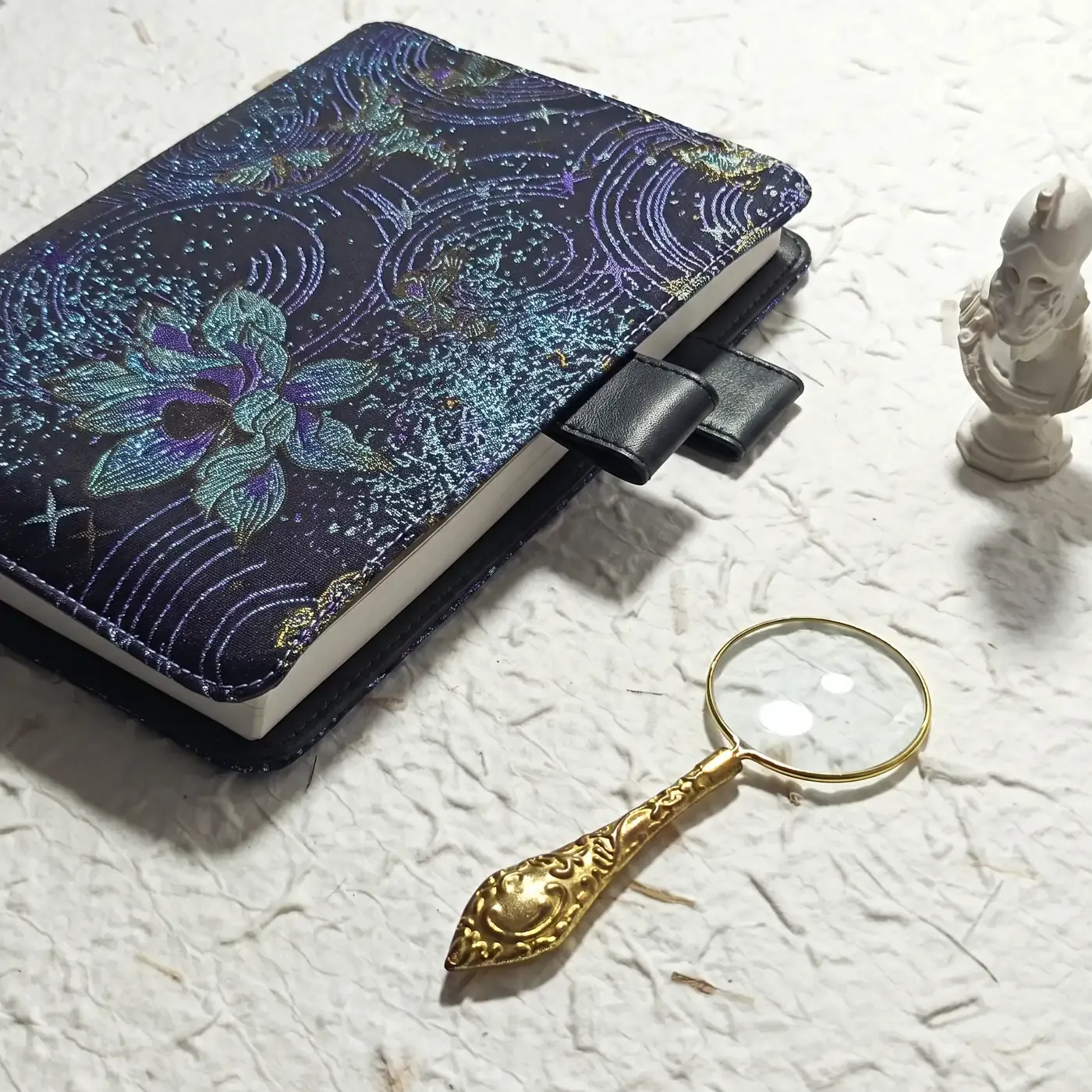 Front angled view of blue and purple celestial orchid embroidered planner cover