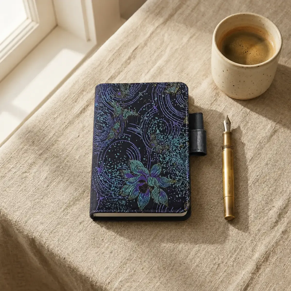 Front view of celestial orchid embroidered Hobonichi planner cover with pen loop