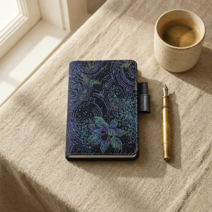 Front view of celestial orchid embroidered Hobonichi planner cover with pen loop